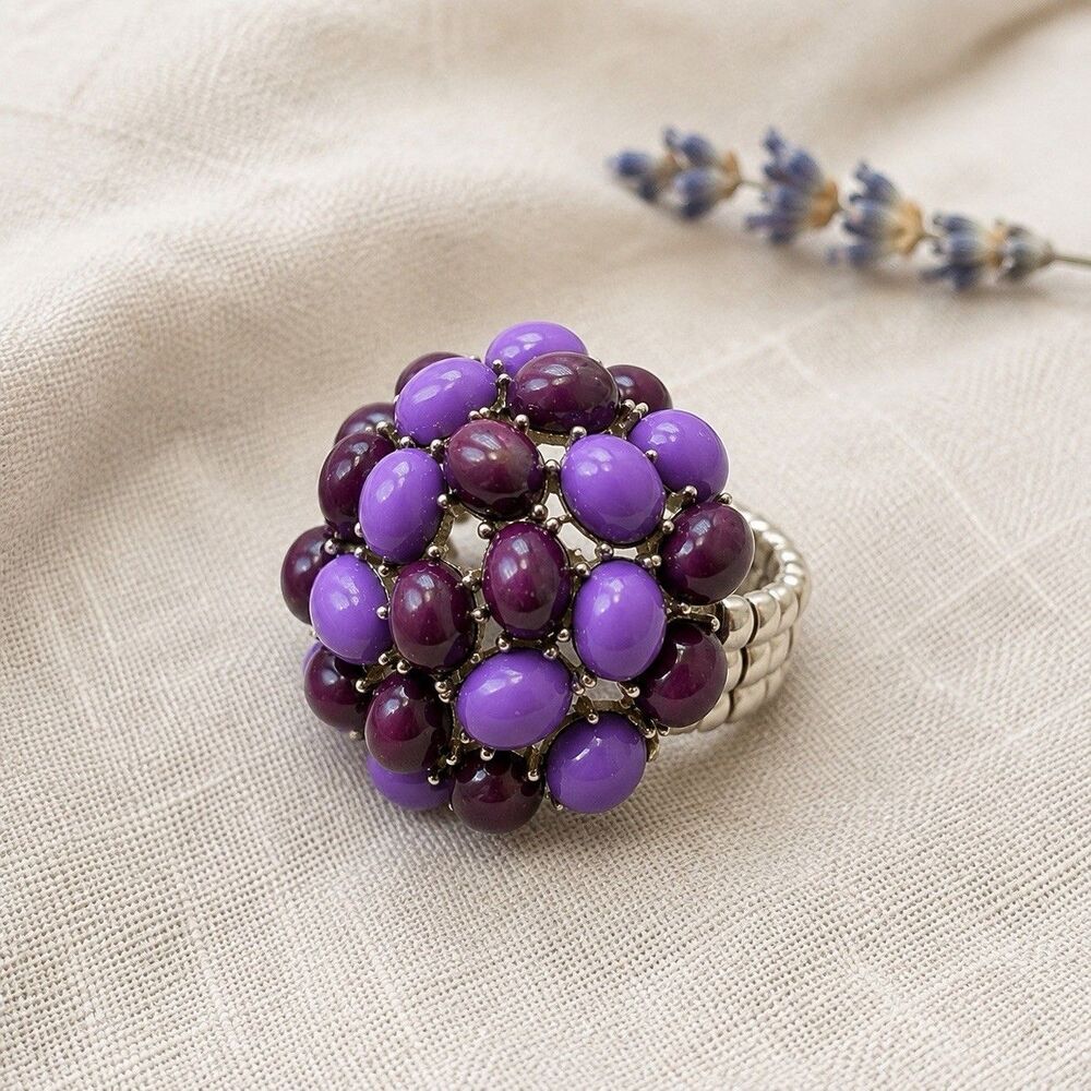 Vintage Y2K Purple Cluster Cabochon Stretch Ring Silver Tone Statement Cocktail